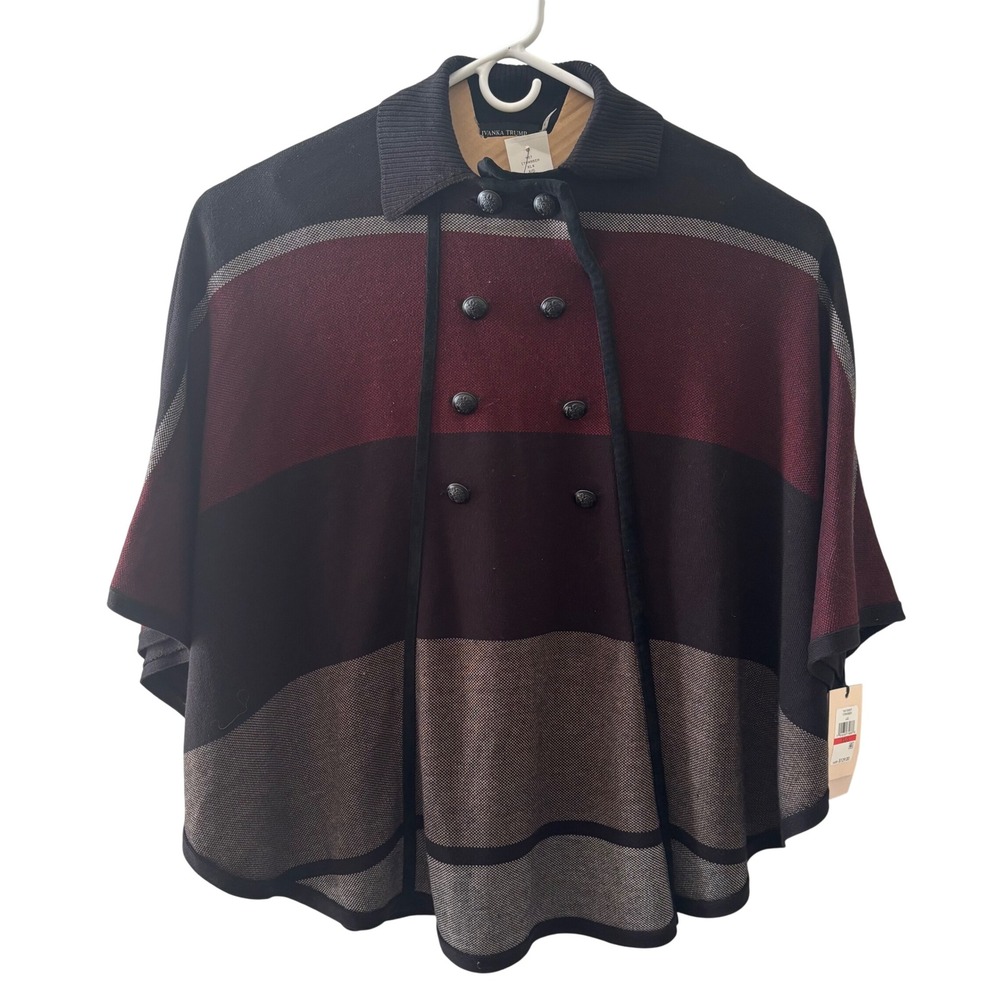 Ivanka Trump Women's Striped Knit Poncho Black Burgundy Taupe XS S One Size
